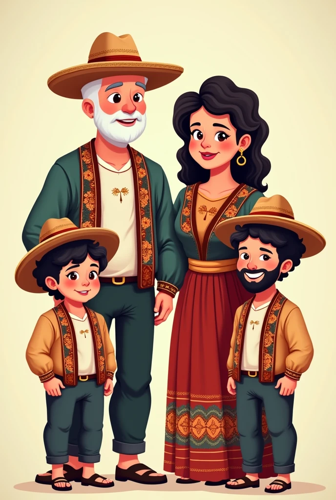 Drawn image of a family of 4 people,The dad is bald and is dressed in traditional Paraguayan clothing and is wearing a hat he is white man,The mother is a little dark-skinned, with curly hair, and is dressed in traditional Paraguayan clothing,The eldest son has short hair and a beard, is dressed in Paraguayan clothes and also has a hat like his father's,The little brother has curly hair but trimmed like the classic haircut, he wears a hat just like his father and older brother, he is also dressed in traditional Paraguayan clothing. Cartoon style