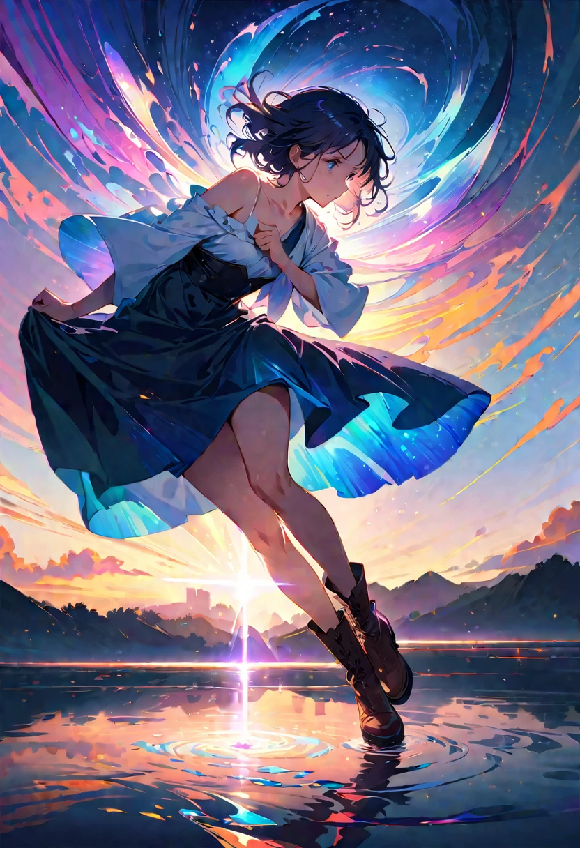 20 years old, with short dark blue hair to the shoulders, a serious yet tender expression, and bright light blue eyes. She dresses in an antique style, wearing a long dark blue skirt that reaches her knees, and small dark brown boots up to her ankles. Her white blouse is long-sleeved, covering her fingers slightly, and falls off one shoulder, leaving it exposed. She possesses water powers and has a water-themed background. 8k, high quality, full body, (ultra-realistic), {extremely detailed 8k CG unit wallpaper}, expansive landscape photograph, (light: 2.0), (warm light source: 1.5), complex details, (iridescent colors: 1.5), (bright lighting), (atmospheric lighting), surreal, impressive, fantasy, (Solo: 1.2)