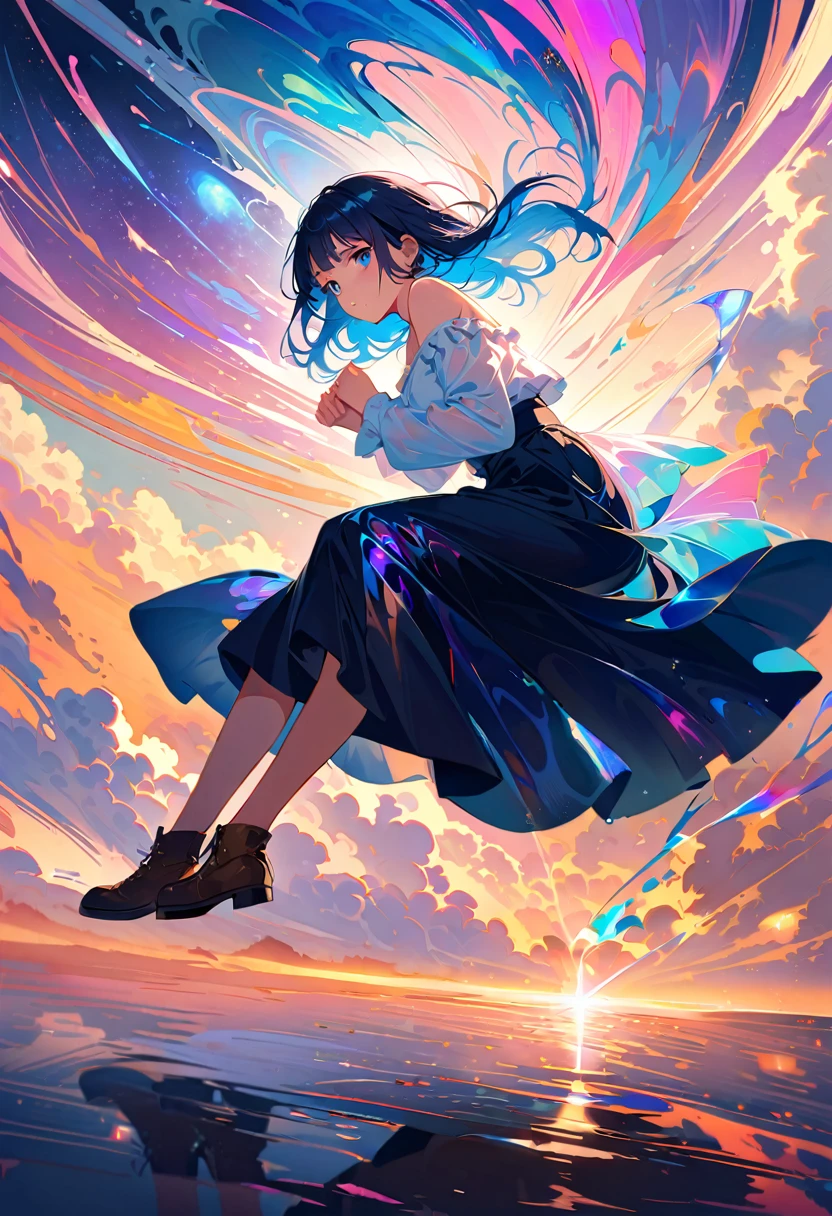 20 years old, with short dark blue hair to the shoulders, a serious yet tender expression, and bright light blue eyes. She dresses in an antique style, wearing a long dark blue skirt that reaches her knees, and small dark brown boots up to her ankles. Her white blouse is long-sleeved, covering her fingers slightly, and falls off one shoulder, leaving it exposed. She possesses water powers and has a water-themed background. 8k, high quality, full body, (ultra-realistic), {extremely detailed 8k CG unit wallpaper}, expansive landscape photograph, (light: 2.0), (warm light source: 1.5), complex details, (iridescent colors: 1.5), (bright lighting), (atmospheric lighting), surreal, impressive, fantasy, (Solo: 1.2)