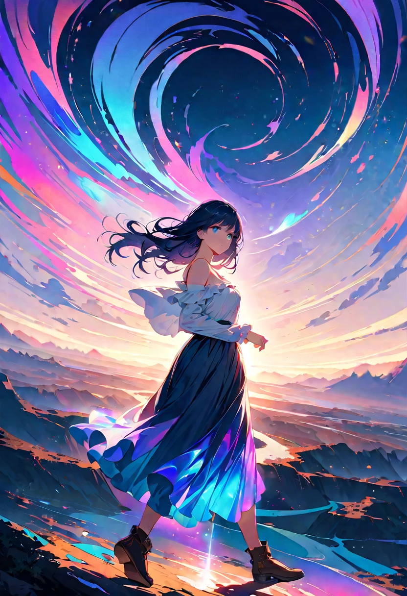 20 years old, with short dark blue hair to the shoulders, a serious yet tender expression, and bright light blue eyes. She dresses in an antique style, wearing a long dark blue skirt that reaches her knees, and small dark brown boots up to her ankles. Her white blouse is long-sleeved, covering her fingers slightly, and falls off one shoulder, leaving it exposed. She possesses water powers and has a water-themed background. 8k, high quality, full body, (ultra-realistic), {extremely detailed 8k CG unit wallpaper}, expansive landscape photograph, (light: 2.0), (warm light source: 1.5), complex details, (iridescent colors: 1.5), (bright lighting), (atmospheric lighting), surreal, impressive, fantasy, (Solo: 1.2)
