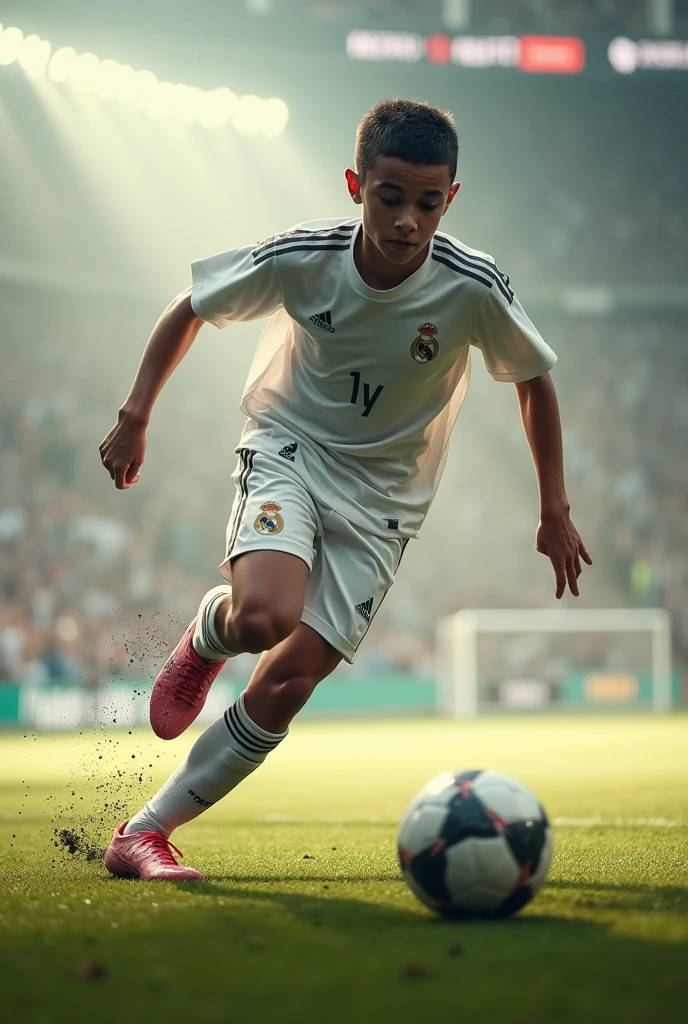 The name of a boy is Aayush. He is wearing Real Madrid jersey. The number of jersey is 7. He is with ball in his hand. His name must be seen in the picture.