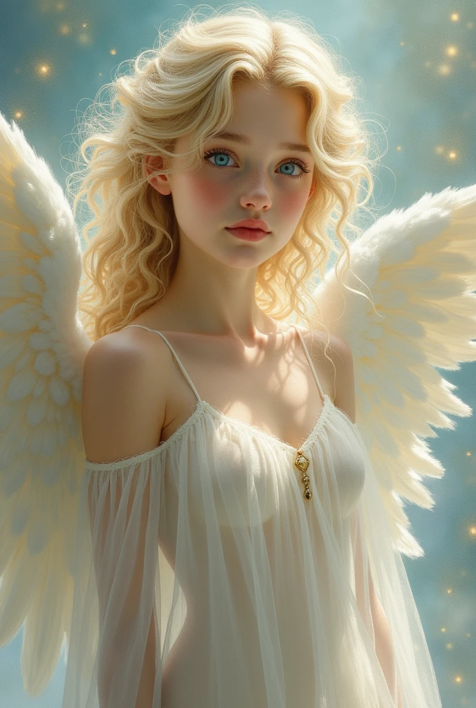 a angel, curly blonde hair, ice blue eyes, pale skin, short and skinny, oil painting