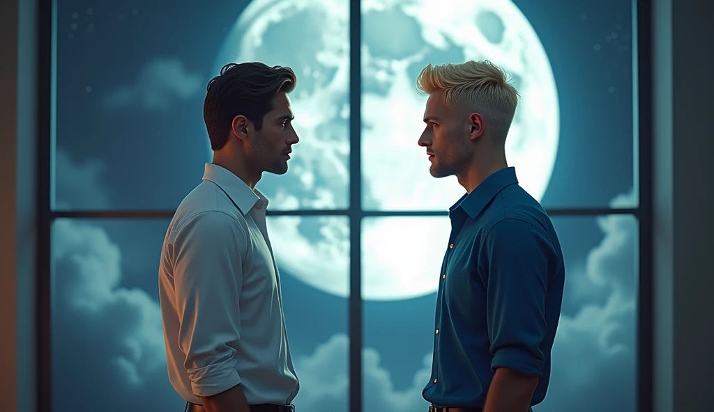 discussion between man 1 has brown hair and man 2 has blond hair, both fair skin, man 1 has brown eyes man 2 has green eyes, man 1 is wearing a white dress shirt and black pants man 2 is wearing a blue shirt. large window in the background with a giant moon. 8k, ultra HD, detailed ambient
