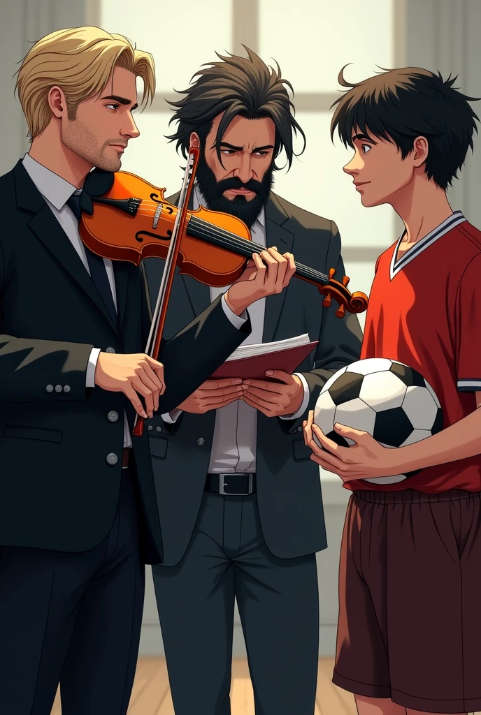 I need you to create an image of three men. The first of them, He is a 35 year old man, black suit dress, blond and very handsome, He is also playing a violin. The second man is a tormented writer with black hair and a messy beard., He carries a notebook with him, which he holds tightly. The third is a 17-year-old male., with long black hair, He is wearing a football shirt and holding a ball with great joy and excitement.