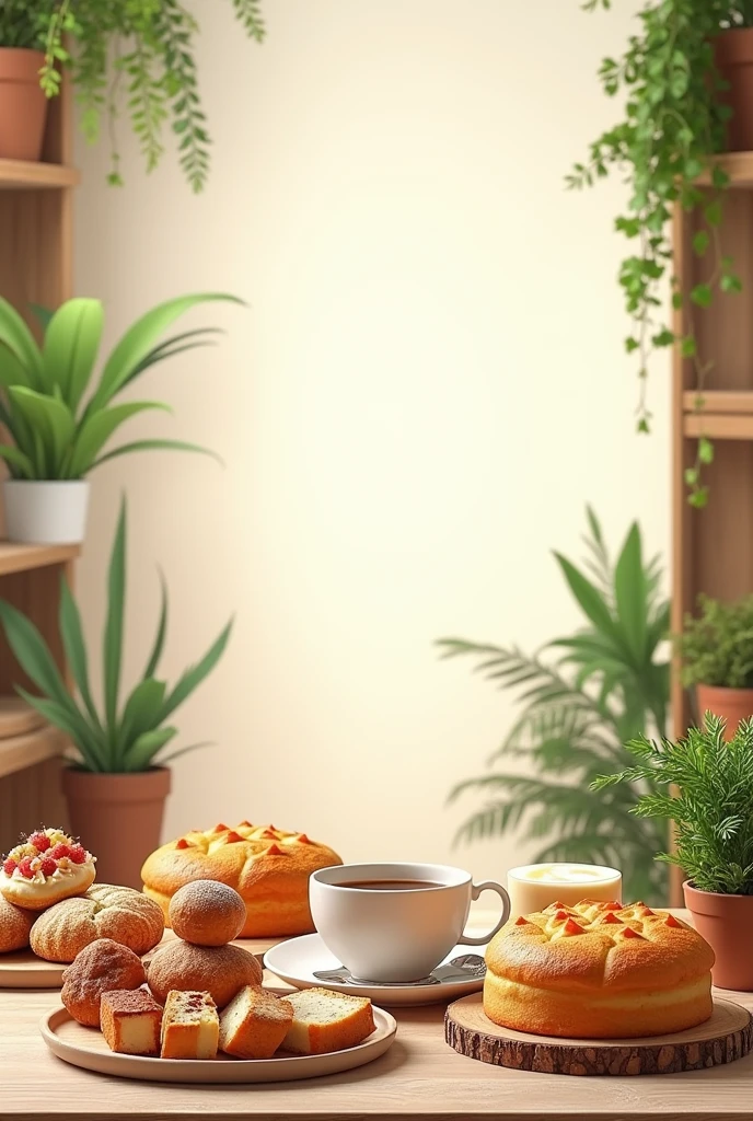 Cake shop coffee shop poster、
There is cake on the content、bread、Coffee elements，
The background theme color of the store is cream white、With green plants、Walnut table and chairs
