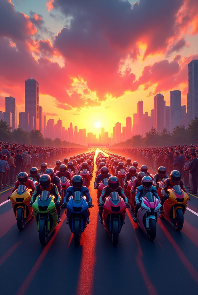 “Create a vibrant portrait-oriented image depicting a thrilling motorcycle race scene at sunset. In the foreground, show several racing motobike lined up with riders wearing colorful protective gear, eagerly waiting for the race to start. The background should feature a stunning city skyline filled with tall buildings silhouetted against a colorful sunset sky, radiating oranges, pinks, and purples. Include a crowd of enthusiastic spectators watching the motorcycles in anticipation, adding to the dynamic atmosphere of the scene. Capture the excitement and energy of the moment.”