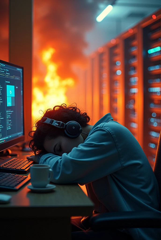 Tech support person sleeping at his desk while servers burn behind him