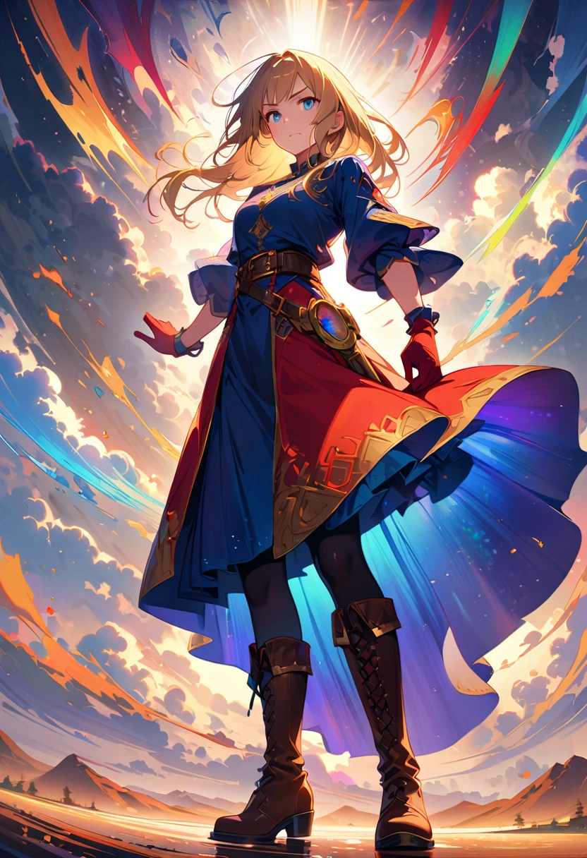 20-year-old girl, long blonde hair, blue eyes, angry expression, long dark blue skirt with gold embroidery at the hem, old-fashioned blue blouse with long fitted sleeves, adorned with red details, red leather gloves that reach her elbows, dark brown leather boots that reach mid-calf, leather belt adorned with a golden buckle and red details, her weapon is a huge greatsword with a gold and red decorated handle, hanging on her back in an ornate sheath, 8k, high quality, full body, (ultra-realistic), {extremely detailed 8k CG unit wallpaper}, expansive landscape photograph, (a view from below showing the grandeur of the character, wide open field view), (light: 2.0), (warm light source: 1.5), complex details, (iridescent colors: 1.5), (bright lighting), (atmospheric lighting), surreal, impressive, fantasy, (Solo: 1.2)