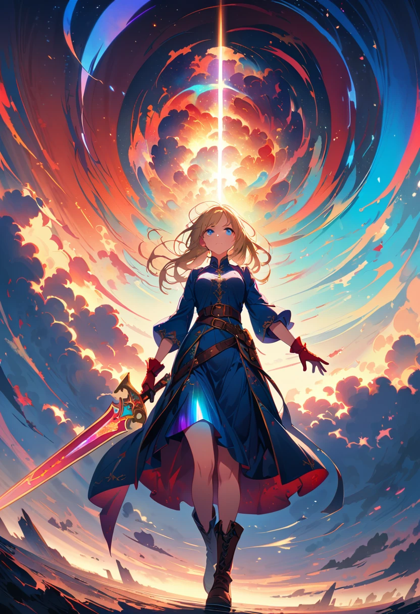 20-year-old girl, long blonde hair, blue eyes, angry expression, long dark blue skirt with gold embroidery at the hem, old-fashioned blue blouse with long fitted sleeves, adorned with red details, red leather gloves that reach her elbows, dark brown leather boots that reach mid-calf, leather belt adorned with a golden buckle and red details, her weapon is a huge greatsword with a gold and red decorated handle, hanging on her back in an ornate sheath, 8k, high quality, full body, (ultra-realistic), {extremely detailed 8k CG unit wallpaper}, expansive landscape photograph, (a view from below showing the grandeur of the character, wide open field view), (light: 2.0), (warm light source: 1.5), complex details, (iridescent colors: 1.5), (bright lighting), (atmospheric lighting), surreal, impressive, fantasy, (Solo: 1.2)