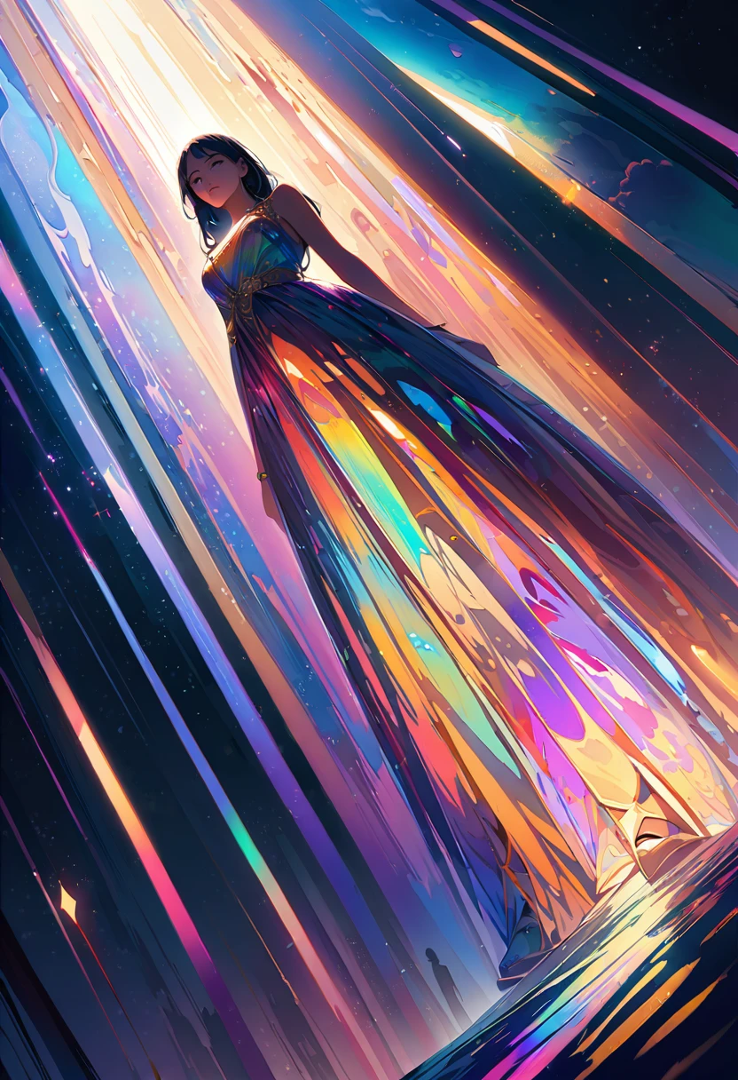 20 years old, with long black hair down to her waist, golden eyes. She wears jewelry and dresses in an antique style, donning a long white dress with golden details. She wears elegant gladiator sandals. She possesses golden powers and has a golden-themed background. Whole body, (ultra realistic), {Extremely detailed CG unit 8k wallpaper}, expansive landscape photography, (A view from below that shows the greatness of the character, wide open field view), (low angle shot), (light: 2.0), (warm light source: 1.5), Complex details, (Iridescent colors: 1.5), (bright lighting), (atmospheric lighting), surreal, Awesome, fancy, (Alone: 1.2)