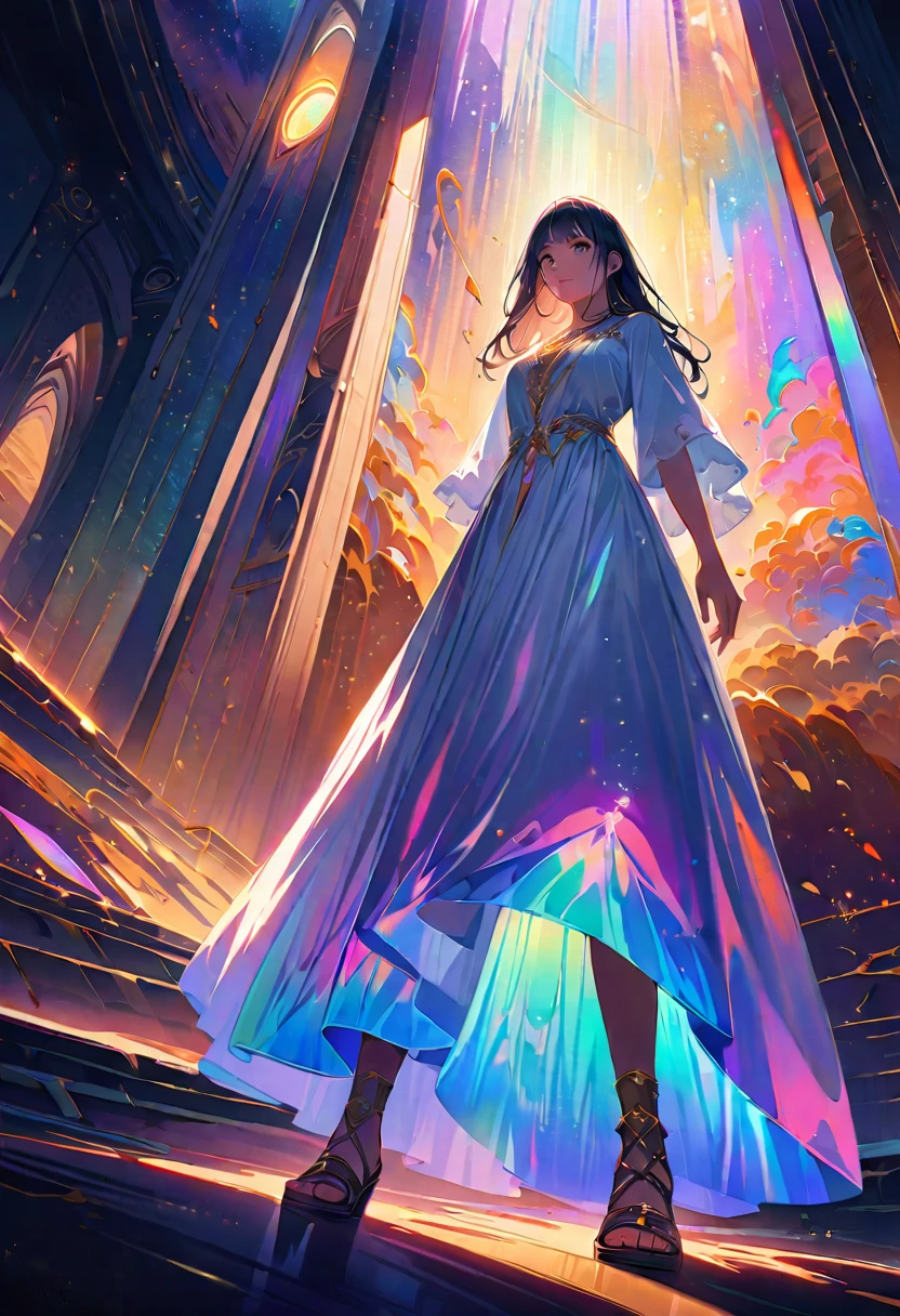 20 years old, with long black hair down to her waist, golden eyes. She wears jewelry and dresses in an antique style, donning a long white dress with golden details. She wears elegant gladiator sandals. She possesses golden powers and has a golden-themed background. Whole body, (ultra realistic), {Extremely detailed CG unit 8k wallpaper}, expansive landscape photography, (A view from below that shows the greatness of the character, wide open field view), (low angle shot), (light: 2.0), (warm light source: 1.5), Complex details, (Iridescent colors: 1.5), (bright lighting), (atmospheric lighting), surreal, Awesome, fancy, (Alone: 1.2)