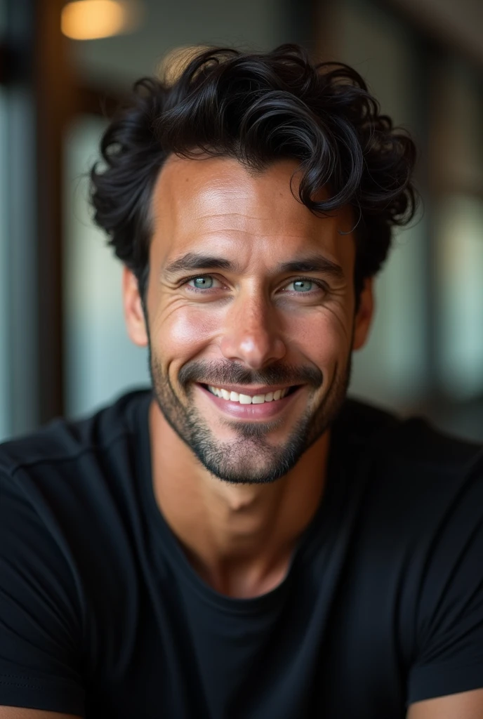 (best quality,4K,8K,high resolution,masterpiece:1.2),Very detailed,,1 person,Mature man,Beautiful Skin、contour、very handsome,wear glasses，Black curly hair,Smile,,blue eyes,Sharp eyes,Undoubtedly perfect face,Office Background,Cinema Lighting,hdr image,Black t-shirt anime