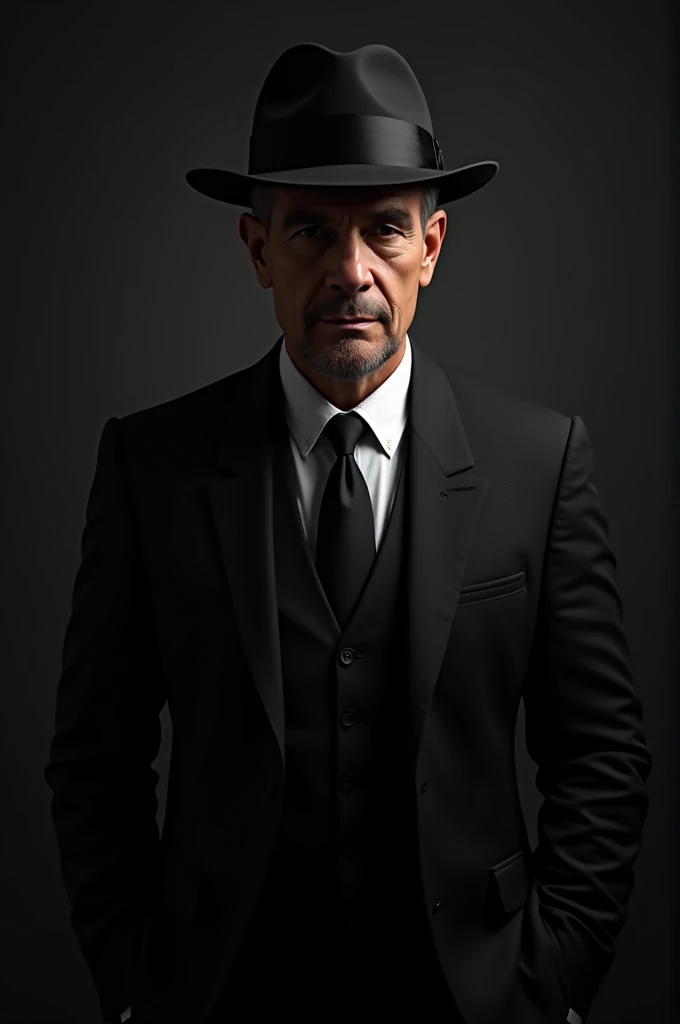 A man in a black suit wearing a black hat