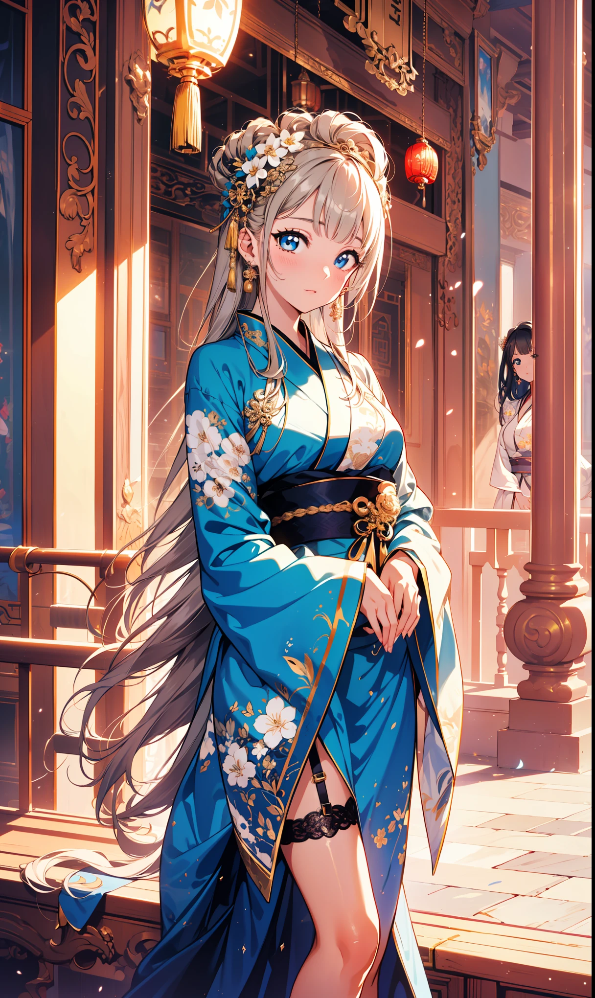 Top quality，best quality，Saint Elegant Charm，happiness，Gentle expression，in love，(Transparent colored Hanfu，Exquisite and gorgeous design)，Black Gloves，Silver Hair，blue eyes，See through transparent clothes，Exquisite hair accessories，Transparent lace，Engraving pattern，Dress nicely，In the background is an old Chinese palace，Inside the hall，Elegant Posture，night，(Long garter belt:1.1），Super super detailed，Delicate and beautiful face and eyes