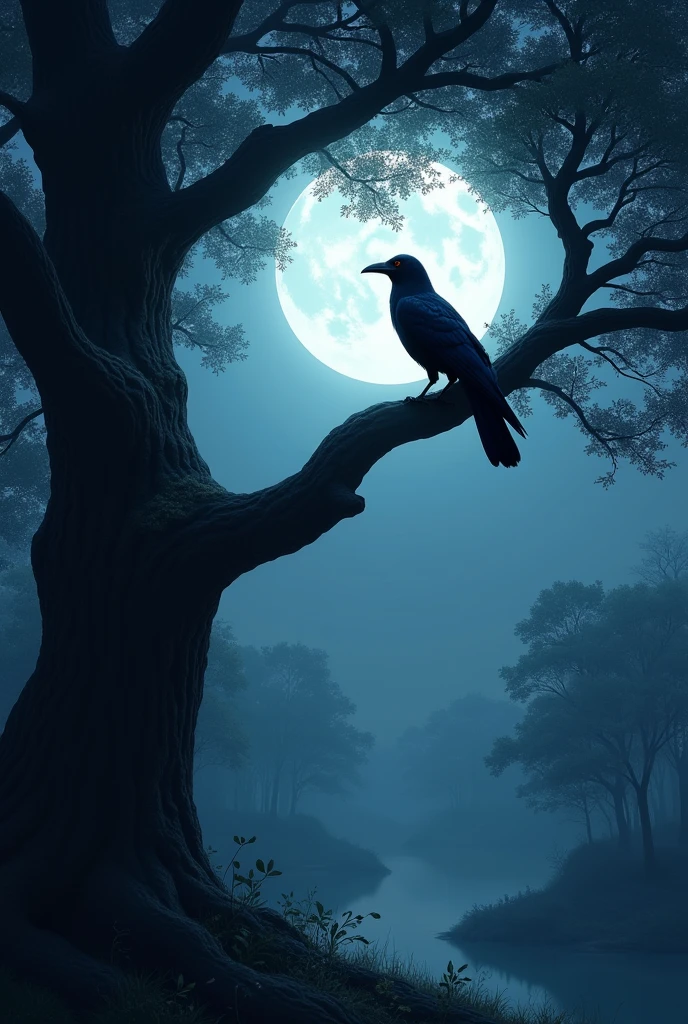 A crow on top of a tree branch, under the moonlight, Very realistic.