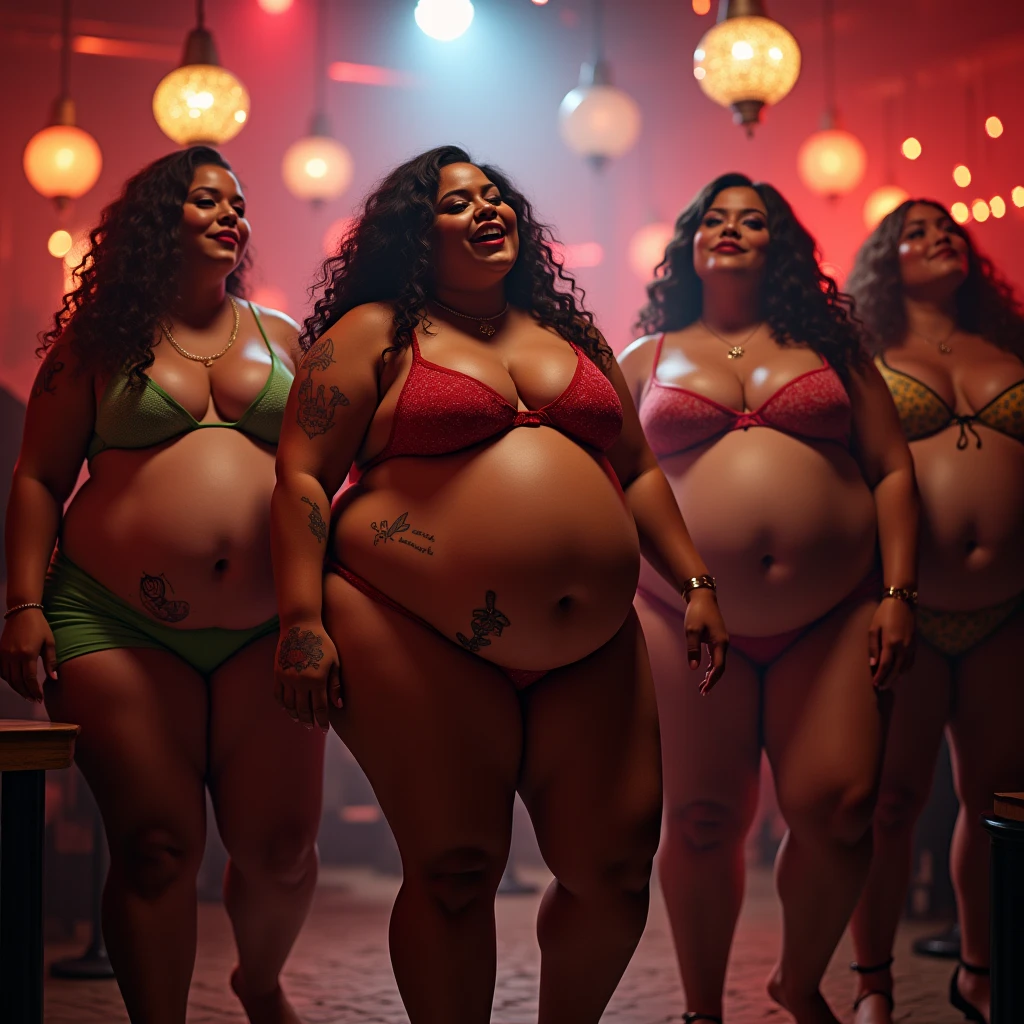 Three plus size model women are obese and fat, 150kg, with a lot of belly fat, they have gained weight by eating too much, they are obese plus size models with very big bellies, their bellies are big and bulging, covered with a lot of fat, they have saggy bellies and tattoos around their navels, they are swaying to the music in a nightclub, 4K quality, low angle