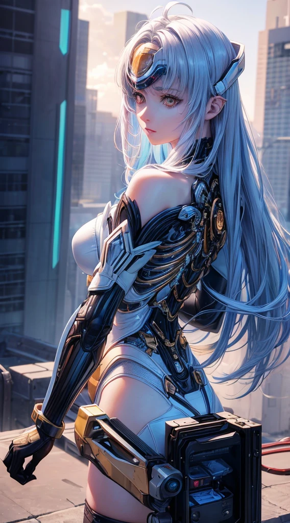 top-quality、masterpiece、超A high resolution、(Photorealsitic:1.4)、1人、Light blue hair、Straight hair, shiny and clean hair、White shiny skin、Sexy Cyberpunk Girl、((super realistic details))、Shadow、octan render、ultrasharp、hyperdetailed face、Fiberglass、Luminous tube、highly intricate detail、Realistic light、CGSoation Trends、((Golden Eyes))、(Facing the camera)、neon detailechanical limbechanical vertebrae attached to the back、mechanical cervical attaching to neck、Wires and cables connecting to the head、((valkyrie))、((Beam Cannon))、Combat stance