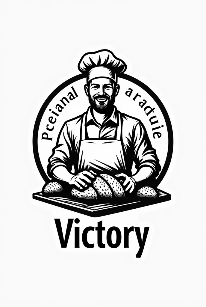 Logo of a bakery that shows a baker with his black and white bread. The logo should be that color with the name victory. You can do it better.
