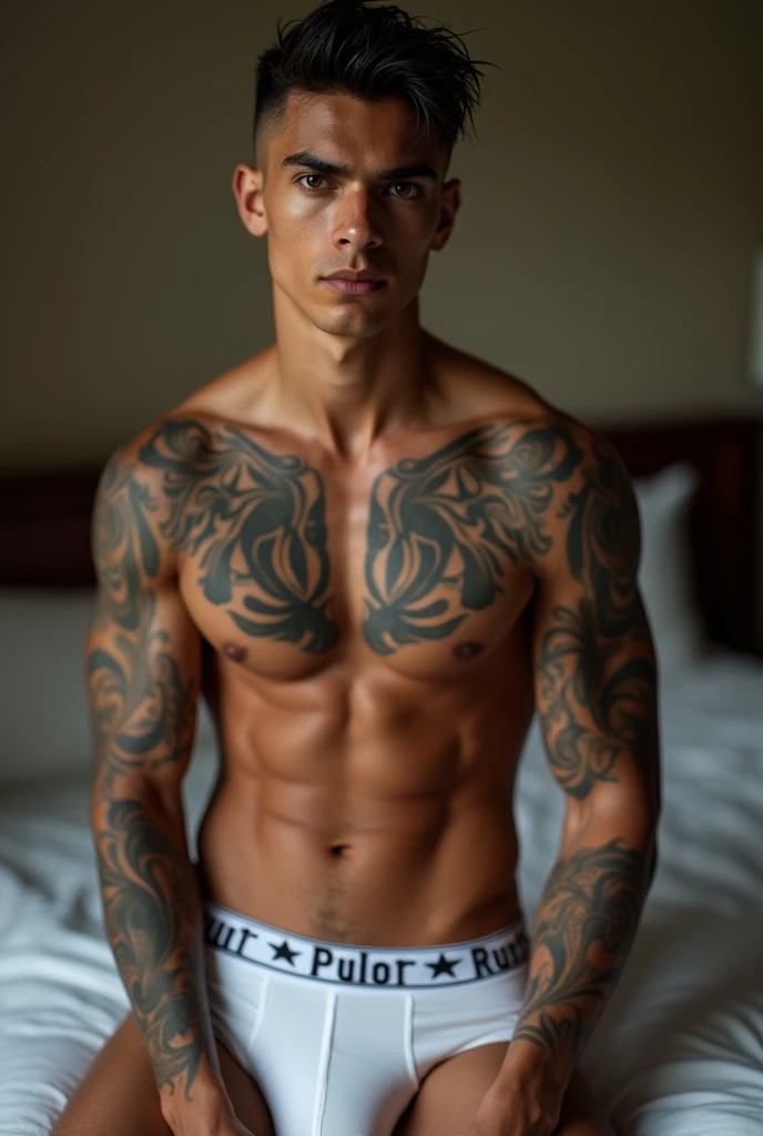 a young man AI high quality muscular tattoo with name ruy light skin tanned piercing gaze light pink mouth with bedroom background showing realistic white boxer briefs