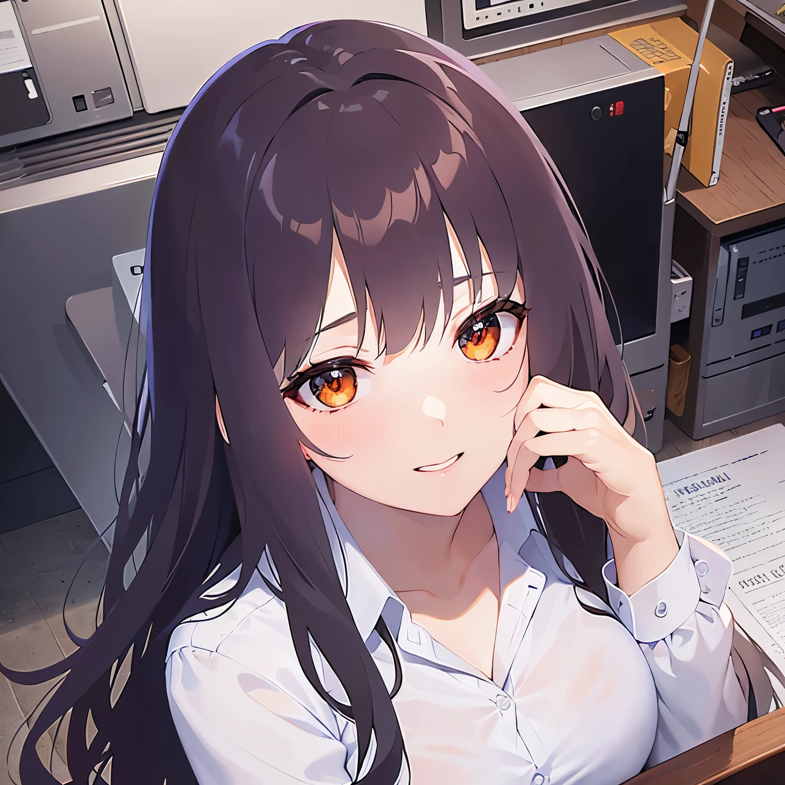 (looking at viewer:1.5)Upper Body, Shooting from above,head tilt,(finger to mouth:1.5)、5 biologically correct fingers、
Realistic, real person, (pale skin: 1.2), RAW photo, photorealistic, shiny skin, shiny hair、(A 25-year-old woman with medium-length hair and bangs) and (wavy hair) and (brown hair) and (orange eyes) ,
(Wearing a business suit:1.5) and (Wearing a white collared shirt)、
Cleavage、(blush:1.2),smile,The background is the conference room、(alone:1.5)
