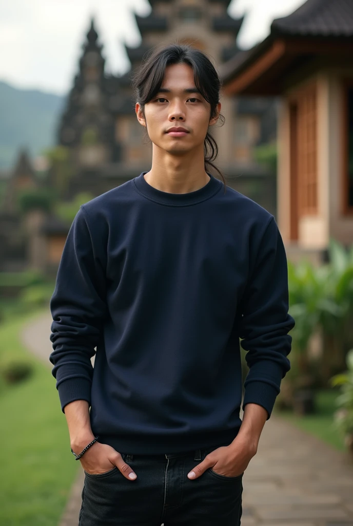 full body shoot, traveling photo, Young man, black hair with a ponytail and bang, wears a navy Pullover and black jeans. with a view of a typical Balinese building with an ancient Hindu temple design. Luxury POV. Natural lighting, (direct light:0.4), 8mm film grain, photographed on a Sony a9 II, 24mm lens, f/2.8 aperture, Deep focus,