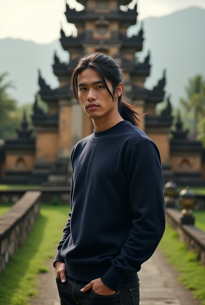 full body shoot, traveling photo, Young man, black hair with a ponytail and bang, wears a navy Pullover and black jeans. with a view of a typical Balinese building with an ancient Hindu temple design. Luxury POV. Natural lighting, (direct light:0.4), 8mm film grain, photographed on a Sony a9 II, 24mm lens, f/2.8 aperture, Deep focus,