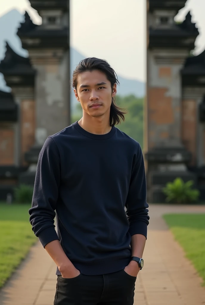 full body shoot, traveling photo, Young man, black hair with a ponytail and bang, wears a navy Pullover and black jeans. with a view of a typical Balinese building with an ancient Hindu temple design. Luxury POV. Natural lighting, (direct light:0.4), 8mm film grain, photographed on a Sony a9 II, 24mm lens, f/2.8 aperture, Deep focus,