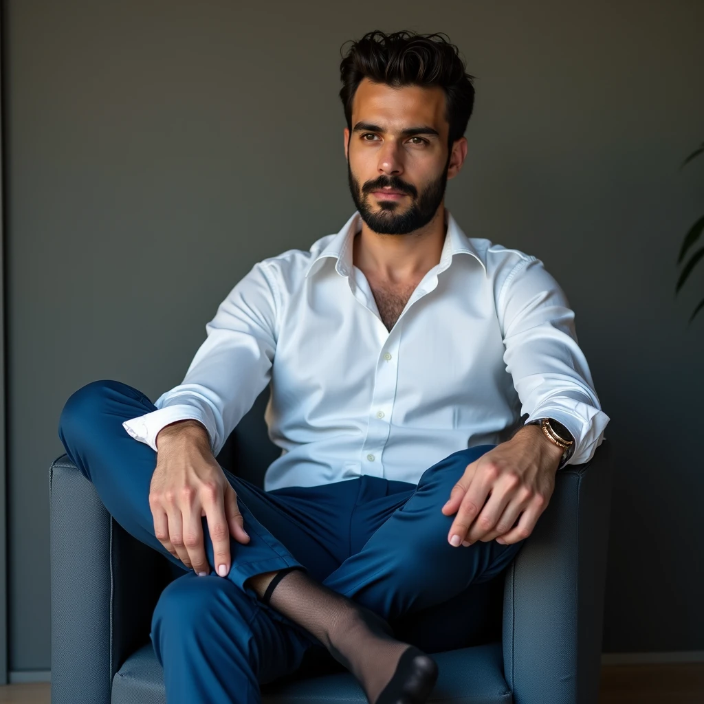 realistic photo: a IRANIAN 30-years old male wearing white button up shirt and tight blue pants and transparent black sheer socks. He’s sat down with feet in camera view