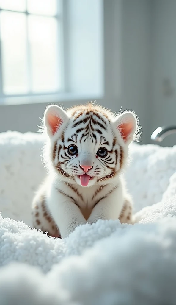 A fat, white and cute little tiger baby, Very fat,Big eyes, Cute and cuddly,Fluffy, Delicate and exquisite, Real little tiger,The expression is very cute and sticking out tongue is very cute,Cute and lovable,Sitting upright,Hairy belly 1:3,Strike a sexy pose,Pure white high-end bathroom background,