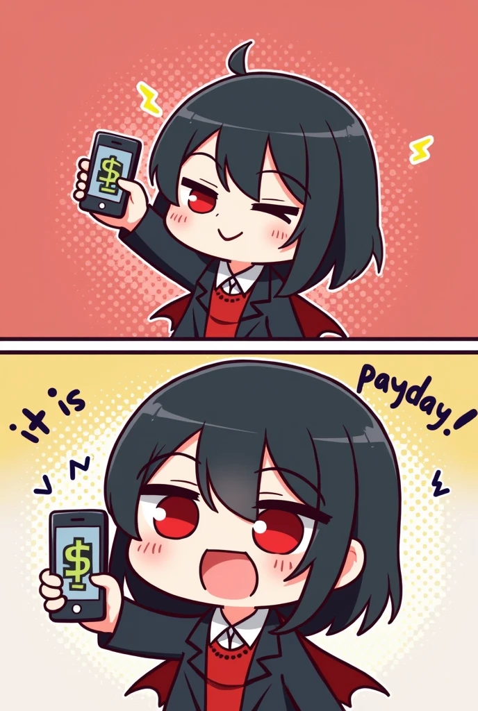 chiby style, 2comic panels, dot halftone, flat color, black short hair vampire girl with red eyes rising her smart phone, saying "IT IS PAYDAY!" with happy face