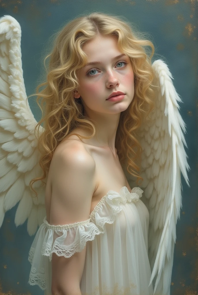 a angel, curly blonde hair, ice blue eyes, pale skin, short and skinny, oil painting, 