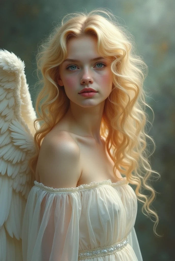 a angel, curly blonde hair, ice blue eyes, pale skin, short and skinny, oil painting, 