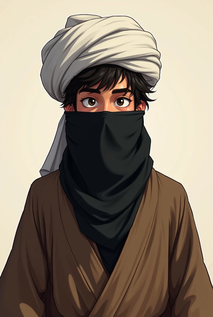 (photorealism:1.2), A man in his twenties. He has a white Islamic turban on his head. wearing brown Islamic robe. wearing a black veil covering her face. messy hair realistic animation drawing. 