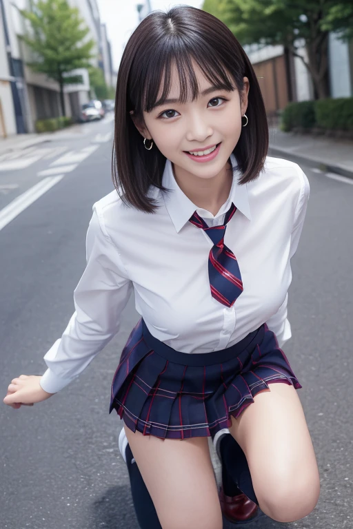 (masterpiece), (highest quality:1.3), (super detailed), ((photo realistic:1.3)), ((若い日本人の少女)), 14才, realistic skin, (broad jawline:1.5), puffy face, (no makeup:1.2), (とても淡いペールオレンジの髪:2), (messy hair:1.1), (Bob cut), (two side up hair), perfect anatomy, flat chest, ((female school uniform:1.2), ( white thin tight shirt), red necktie, tartan check pleated skirt, (dark navy socks:1.1)), earrings, necklace, (laugh out loud:1.2), wide view, from below , at street