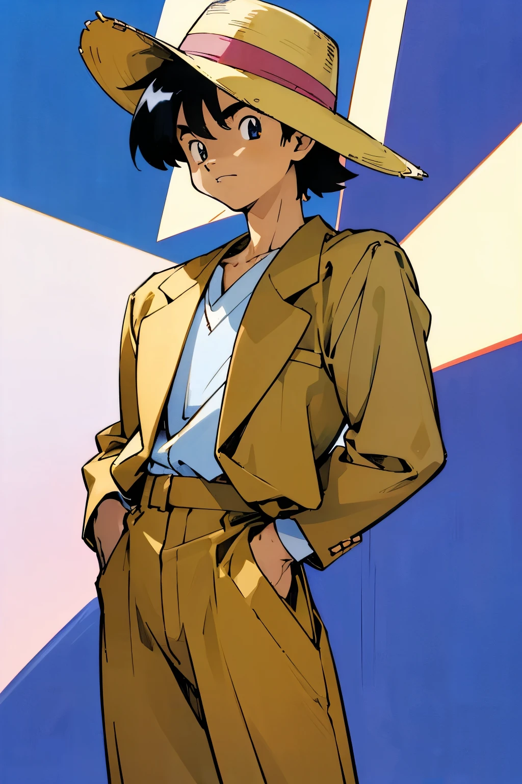 by Ken Sugimori, sugimori 1990s, ((only 1man)), sun hat, tan linen suit, ((hands behind their back)), full black pupils, manga, best quality, highly detailed, clean lines, cowboy shot, good hands, good eyes, hd, 8k, professional, symmetrical, hires, 8k,