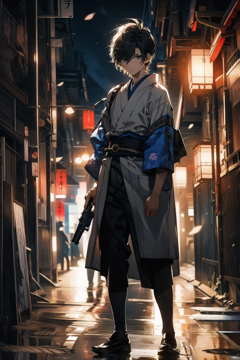 Highest quality,１people,male,Japanese clothing,Holding a gun,Short Hair,Black Hair,Short cut,Azure-blue eyes,Cherry Blossoms at Night
