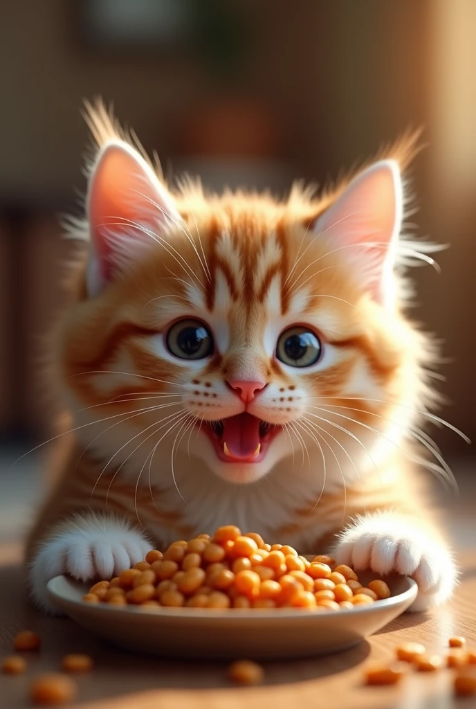 a happy cat eating cat food, cute cat, adorable kitten, tabby cat, feline, fluffy cat, furry cat, playful cat, curious cat, domestic cat, close-up, looking at camera, (best quality,4k,8k,highres,masterpiece:1.2),ultra-detailed,(realistic,photorealistic,photo-realistic:1.37),HDR,studio lighting,vivid colors,warm lighting,soft focus