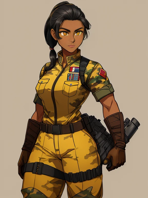 (26 year old:1.3), (Female), (Mixed race Guatemalan-Navajo), (tanned bronze skin:1.4), (Yellow colored eyes:1.4), (Short Black Hair:1.3), (Pony-Tail hair style:1.3), (Athletic:1.4), (Wearing: USA marine corps uniform, camouflage military uniform, armor and gloves), army girl, soldier girl, infantry girl,