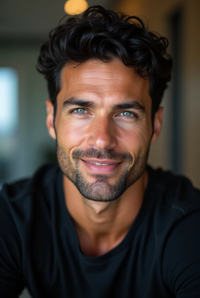 (best quality,4K,8K,high resolution,masterpiece:1.2),Very detailed,,1 person,Mature man,Beautiful Skin、contour、very handsome,wear glasses,Black curly hair,Smile,,blue eyes,Sharp eyes,Undoubtedly perfect face,Office Background,Cinema Lighting,hdr image,Black t-shirt anime