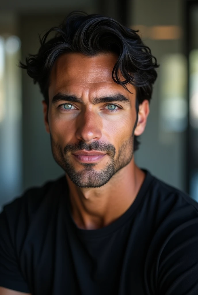 (best quality,4K,8K,high resolution,masterpiece:1.2),Very detailed,,1 person,Mature man,Beautiful Skin、contour、very handsome,wear glasses,Black curly hair,Smile,,blue eyes,Sharp eyes,Undoubtedly perfect face,Office Background,Cinema Lighting,hdr image,Black t-shirt anime