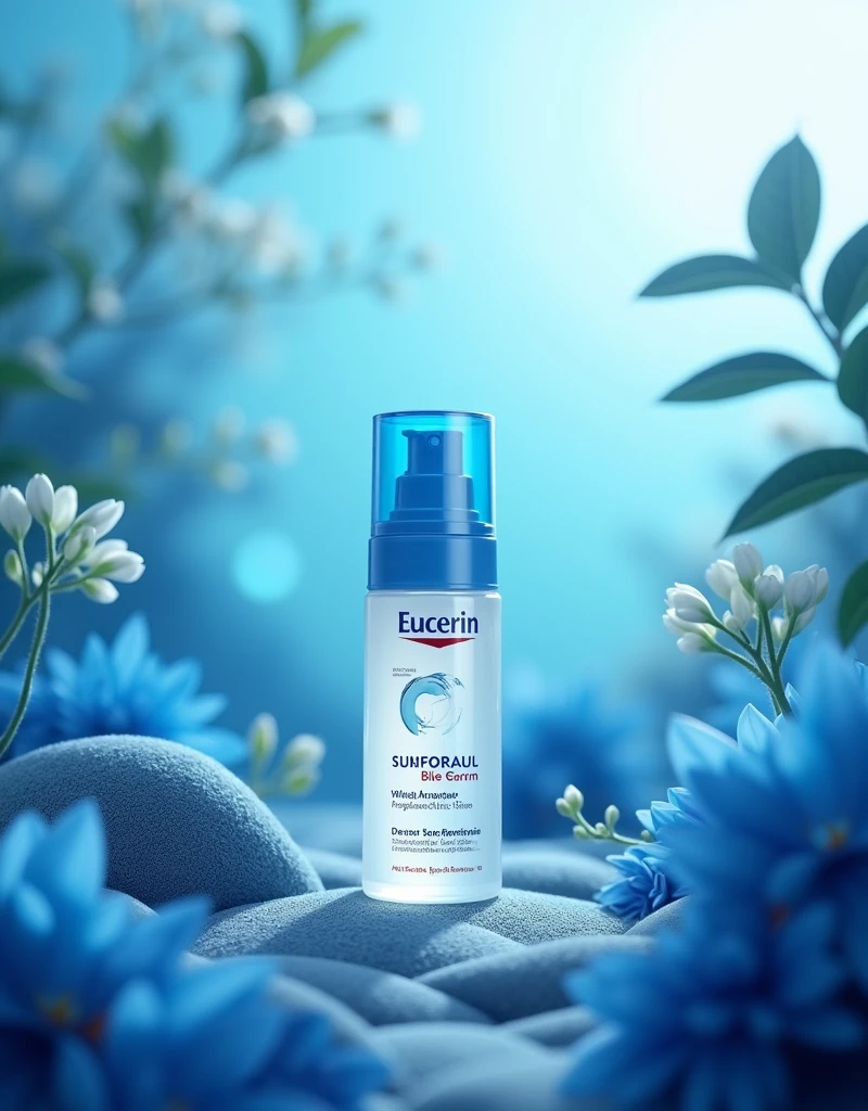 Eucerin brand blue serum in blue nature with a radiant light without water