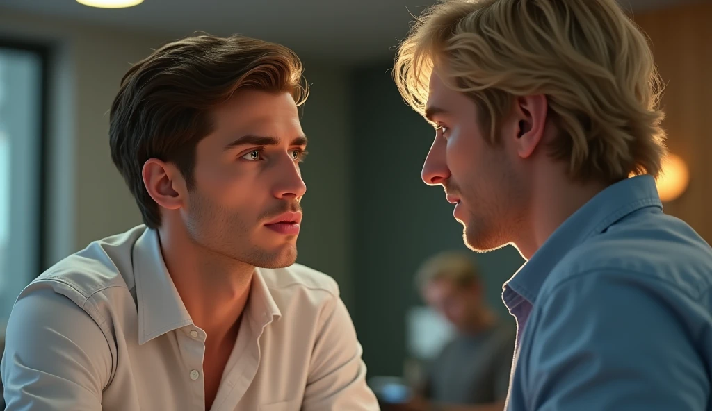 discussion between man 1 has brown hair and man 2 has blond hair, both fair skin, man 1 has brown eyes man 2 has green eyes, man 1 is wearing a white dress shirt and black pants man 2 is wearing a blue shirt. 8k, ultra HD, detailed ambient, 