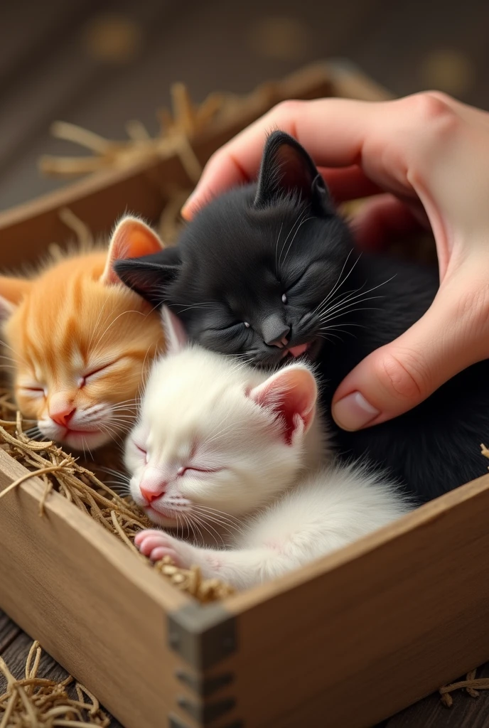 a box。There are hay rags piled in the box,There are three chubby kittens sleeping on it,The kitten squints his eyes,Wrinkled black tip of nose,Looks very cute。These three kittens are one yellow, one black and one white.,Looks very similar,But the coat color is very different.He reached out and picked up the black one from the box and put it in his arms.,Hold。I feel like a little fleshy ball on my chest is funny,Gently scratched the back of the kitten's head。Kitten opens eyes,Took a look at him,fell asleep again,It doesn't seem to conflict with his physical aura。