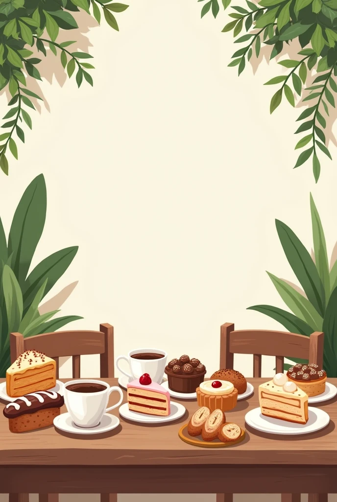 Cake shop coffee shop poster、
There is cake on the content、bread、Coffee elements，Cute cake style，bread和咖啡层次区分开
店内背景主题颜色为奶油白、With green plants、Walnut table and chairs。
The perspective is the customer&#39;s dining perspective
