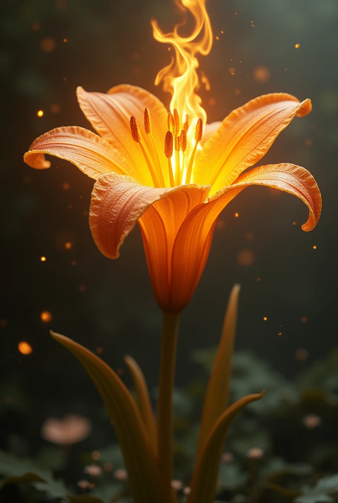 Create an image with a golden lily with fire coming out