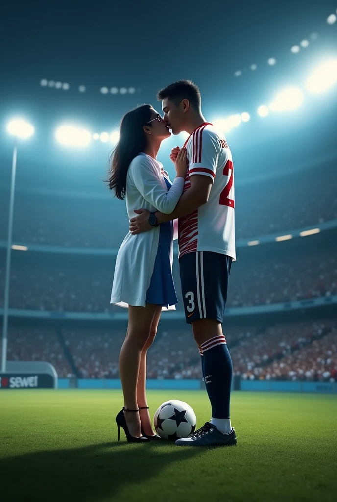  A woman and man standing in football ground looking at each lovingly and hugging each other.woman is wearing a dress and glasses.she has black hair .man is wearing a white and blue 32 number jersey. Man is 1 feet taller than girl.  Man one foot standing on soccer ball . Make girl wear high heel and who dress