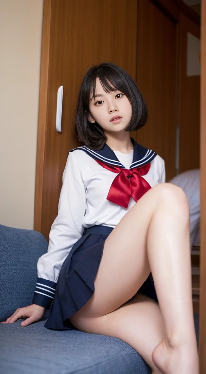 Actual photos of Japanese junior high school girls, A full body photo from head to toe，Beautiful woman with a young face，Blank look，Bob hair or short cut，Summer sailor suit，The ribbon is red，uniform, summer sailor uniform, Short skirt, She lifted her skirt to show her panties., In her room，Sit on the bed，Sit with your legs apart，I masturbate to adult rape videos every day, I have no experience with men, But I want to have sex, I have a rape wish，Attractive thighs，Sweating