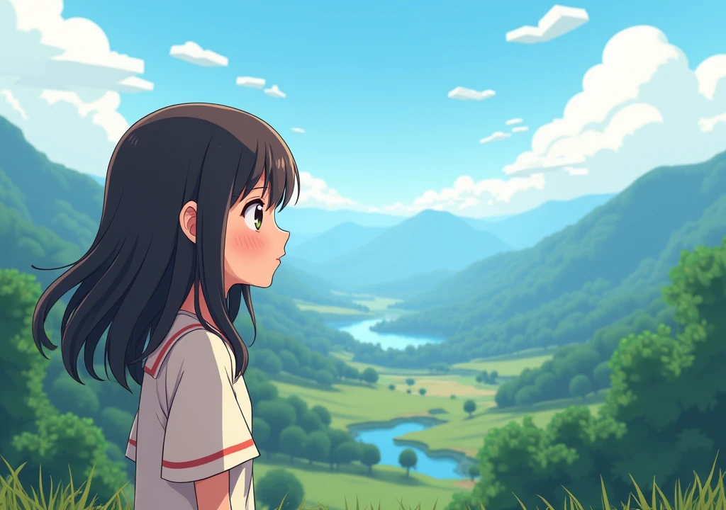 a 2d female anime character looking at a landscape in minecraft