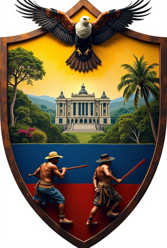 Make a shield with the colors of the Colombian flag with peasants and indigenous people with weapons, with a Colombian landscape inside the shield, with a condor from colombia, and the building of the Congress of the Republic of Colombia.
All elements must be within the shield. Divide the shield into three parts.