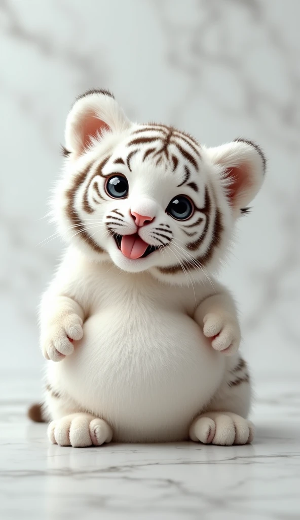 A fat, white and cute tiger baby, fat,Big eyes, Cute and cuddly,Fluffy, Delicate and exquisite, Real little tiger,The expression is very cute and sticking out tongue is very cute,Cute and lovable,Sitting upright,Hairy pregnant belly 1:3,Strike a sexy pose,Pure white high-end bathroom background,